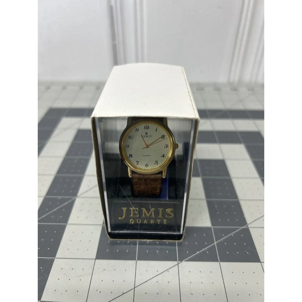 Vtg Jemis Quartz Watch Gold Brown Leather Strap Cream Dial Needs Battery NOS
